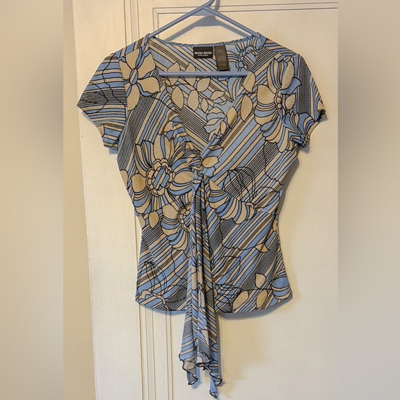 Bisou Bisou Tops - Bisou Bisou Blue and Tan Tie Front Fitted Blouse